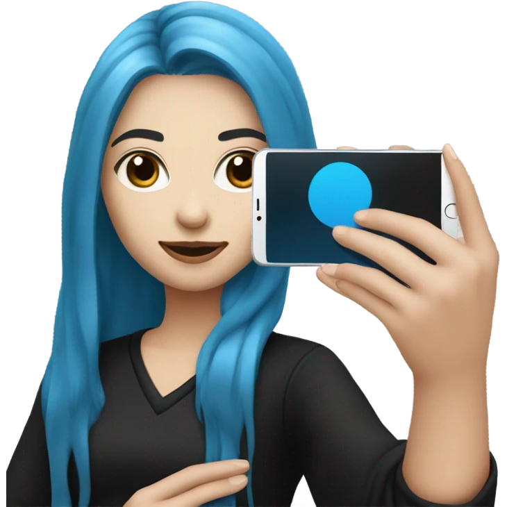white skin girl with long blue hair in black clothes taking a selfie emoji