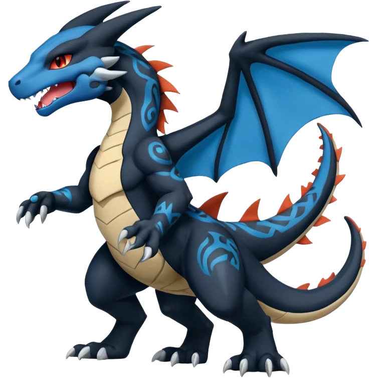 Black and Blue Charizard-Stitch-Zekrom-Salandit-Sneasel-fusion, full body, tribal markings  emoji