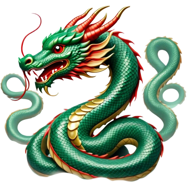 Cinematic Noble Chinese Serpent Dragon Portrait Emoji, Poised and majestic, with a sinuous, serpentine body adorned in intricately detailed scales of shimmering jade and soft vermilion, accented by delicate cloud motifs and subtle water ripple patterns; rendered with lifelike texture and gentle natural highlights, high shine, wise and enigmatic, styled with an aura of ancient dynastic grace, focused and regal, soft glowing outline, capturing the essence of a revered celestial dragon that appears ready to glide gracefully through the mists of time! emoji