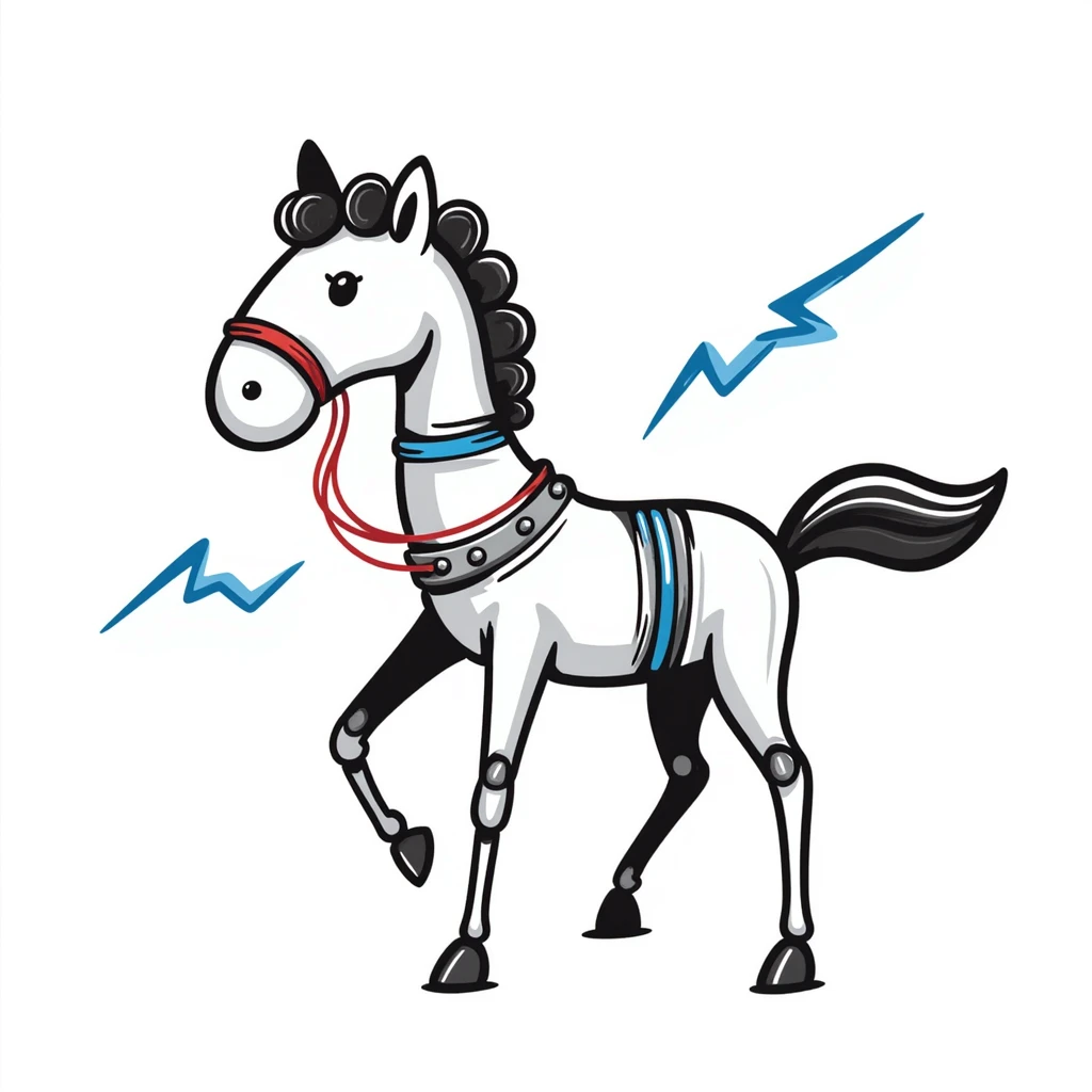 fast electric horse made of electricity, metal plates, bolts, visible blue and red wires, lightning coursing through its body, mechanical look emoji