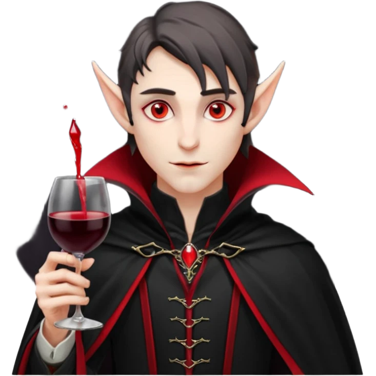 male elf vampire emoji, pale skin, red glowing eyes, long pointed ears, black high-collared cloak with red lining, holding a wine glass filled with red liquid, elegant Halloween fantasy look, smooth Apple emoji style, clean white background, square image emoji