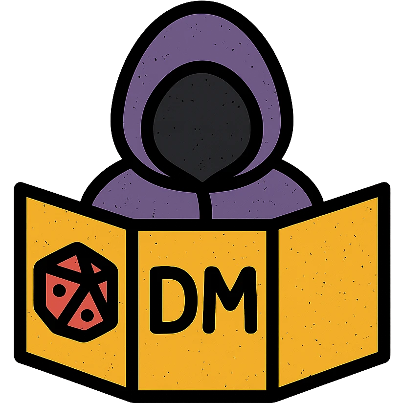 minimalist icon representing Dungeon Master for DnD TTRPGs with DM screen, dice, or hooded figure, worn distressed look emoji
