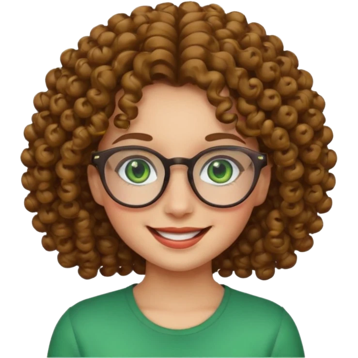 emoji de chica sonriente, pelo chino, gafas y ojos verdes emoji