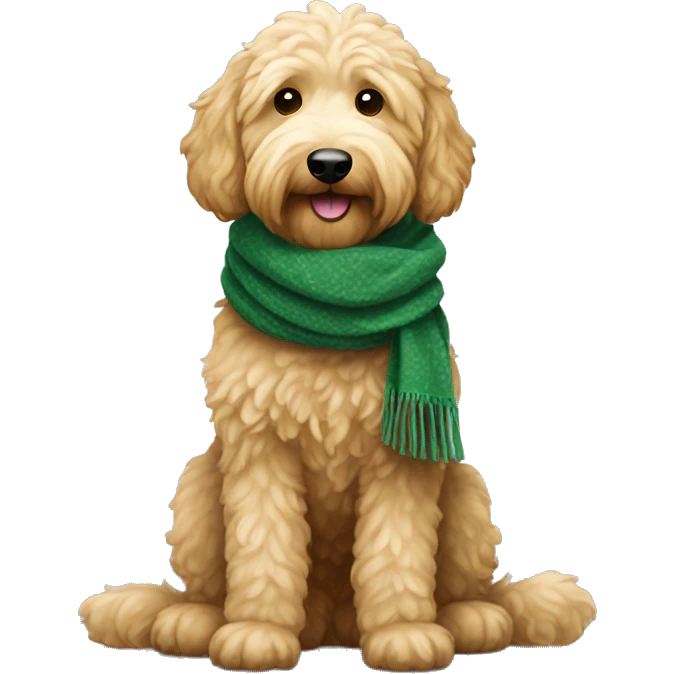 Golden doodle wearing  gree scarf emoji