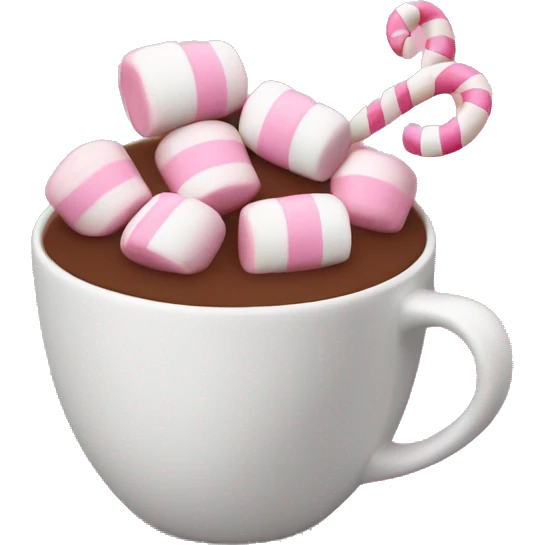 Hot chocolate with pink marshmallows in a pink and white stripped cup.  emoji