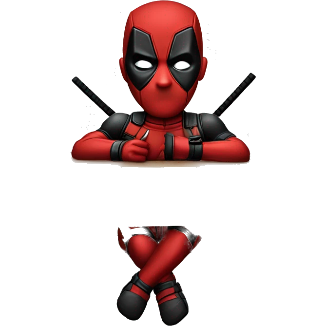 Cute Deadpool sitting at a desk, front view emoji