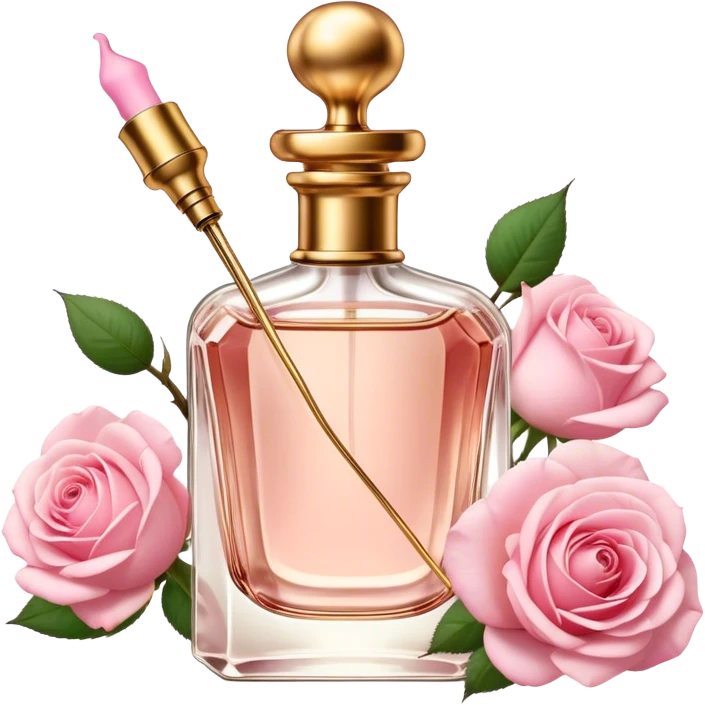A vintage perfume bottle with a golden atomizer, surrounded by soft pink rose petals. emoji
