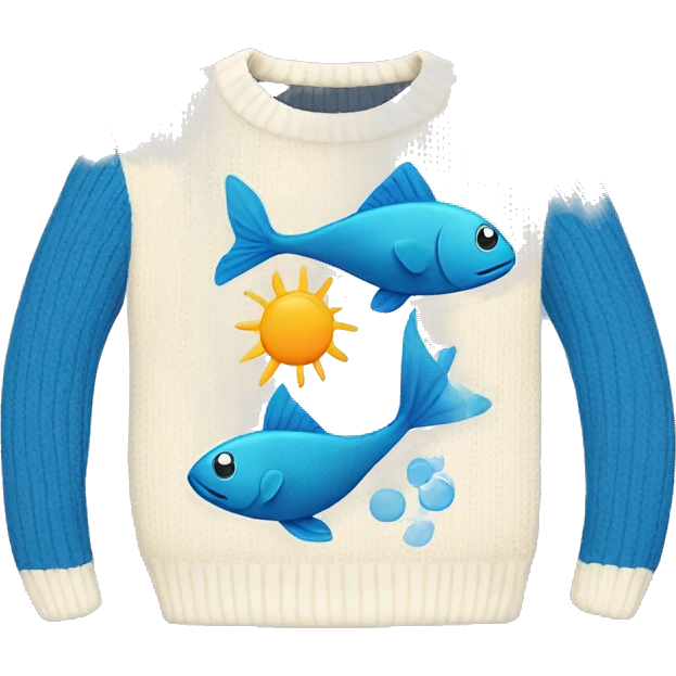 Cute sweater that has a fish and sun on it and it is blue and white emoji