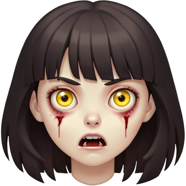 menina zombie de cabelo castanho escuro com franja, com expressão apavorada e com olhos amarelos emoji