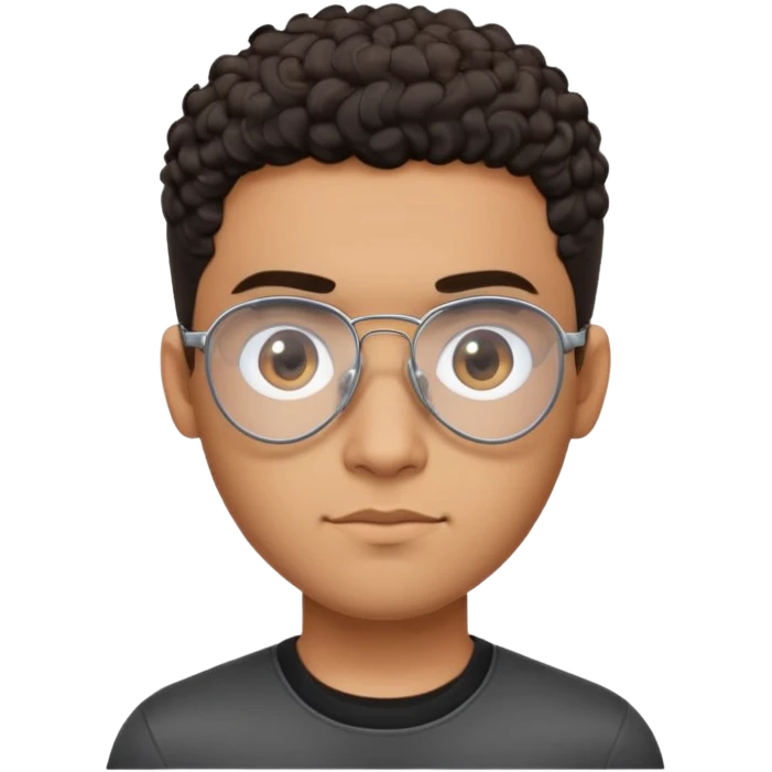 Young brown-skinned Latino man with oval face and large forehead, metal-framed aviator glasses with clear lenses, high skin fade haircut with very short dark curls only on top, calm friendly expression, black t-shirt emoji