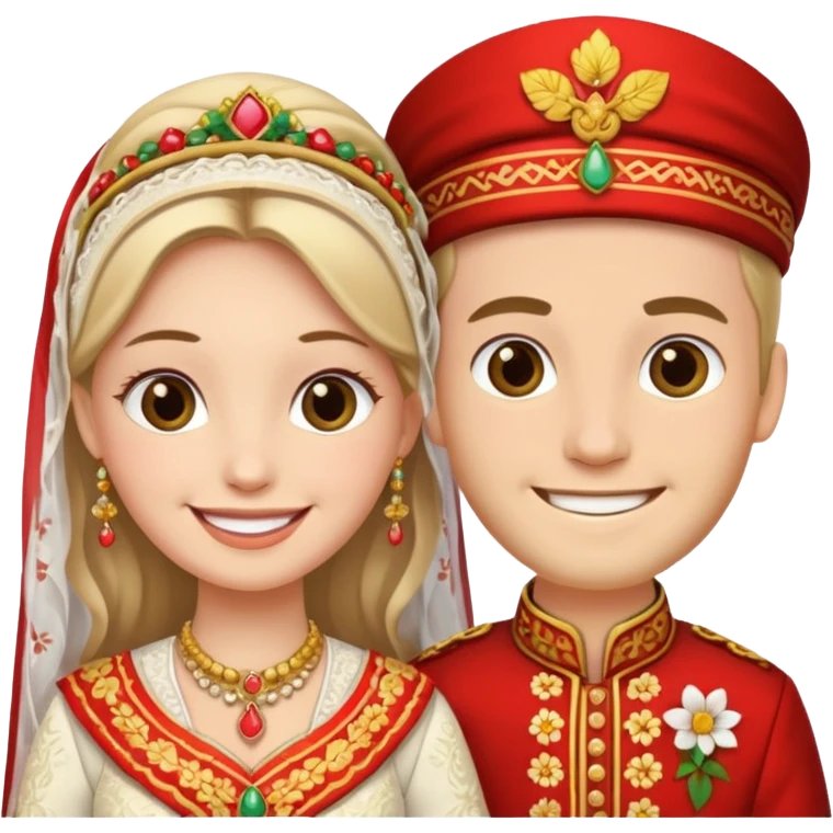 bride and groom in traditional outfit and smiling emoji