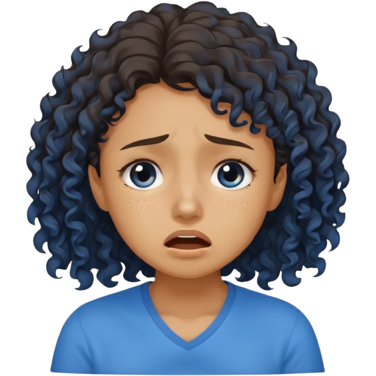 white young curly hair girl, brown hair, with a blue shirt, in despair crying emoji