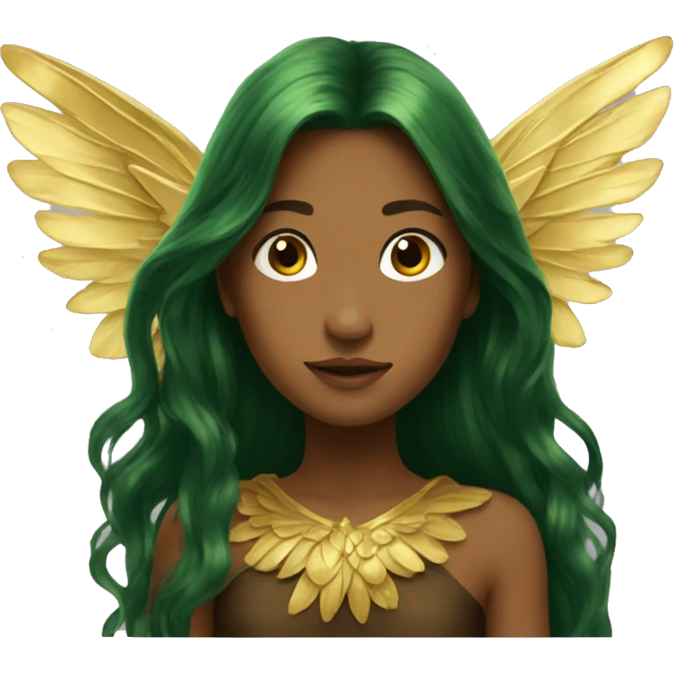 big wings, Beautiful, fairy, gold, brown, dark green, green, long hair emoji