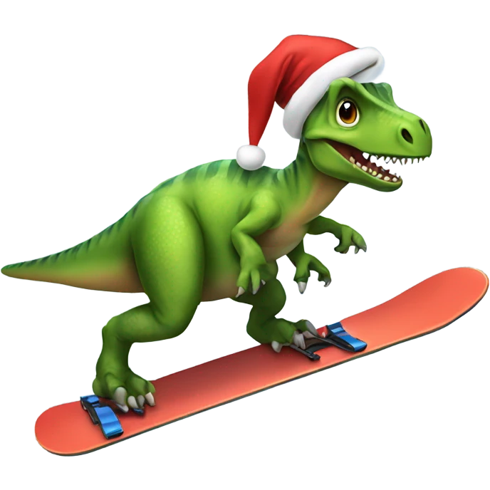 Dinosaur snowboarding with Santa hat emoji