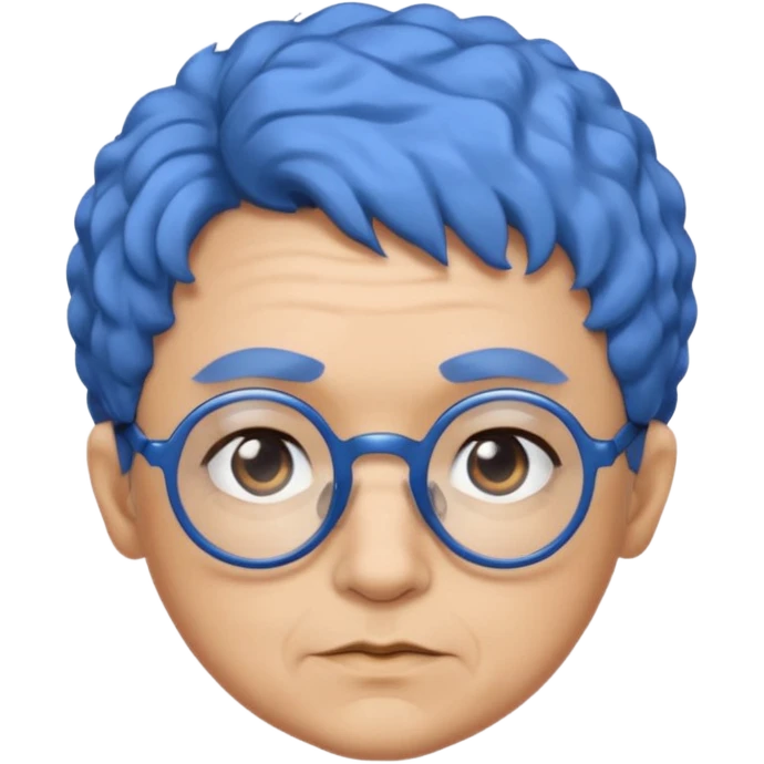 old laydy with short, curly blue hair, matching blue eyebrows, light brown skin, round black glasses, and a neutral facial expression. emoji