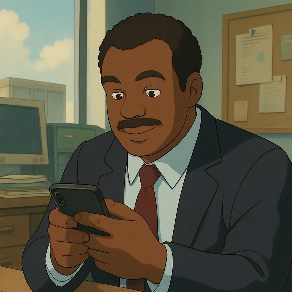 Black office employee playing on his phone emoji