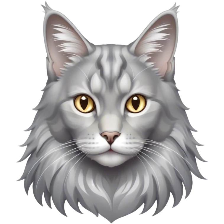 Cinematic Grey Maine Coon Cat Portrait Emoji, Elegant and alert, sleek grey, silver, and white tones, Simplified yet sharp features, highly detailed, glowing with a cool, confident glow, high shine, intelligent and poised, stylized with an air of grace, focused and attentive, soft glowing outline, capturing the essence of strength and sophistication, so lifelike it feels as though it could spring into motion with its majestic tail swishing at any moment! emoji
