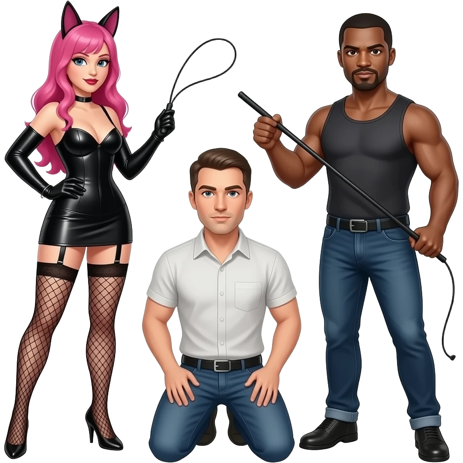 Una dominatrice con i capelli rosa con la frusta, un dominatore con una frusta, e un uomo inginocchiato emoji