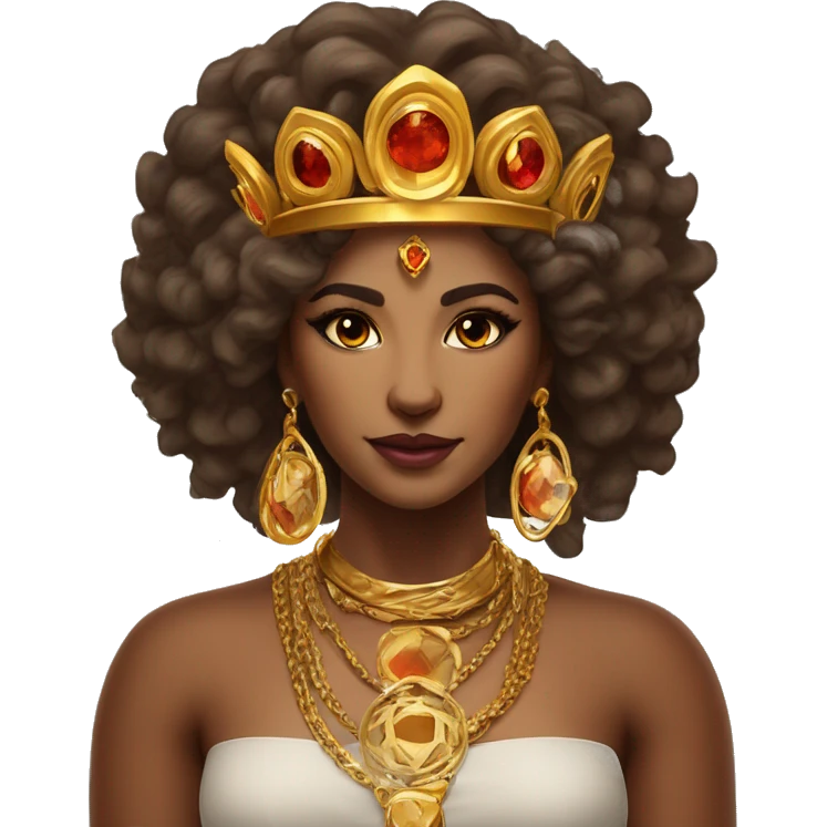 Create an emoji of a confident woman with voluminous lion-like hair, bold makeup, and gold jewelry, embodying the Leo zodiac sign with a regal expression and fiery energy. And a headgear of Leo sign emoji