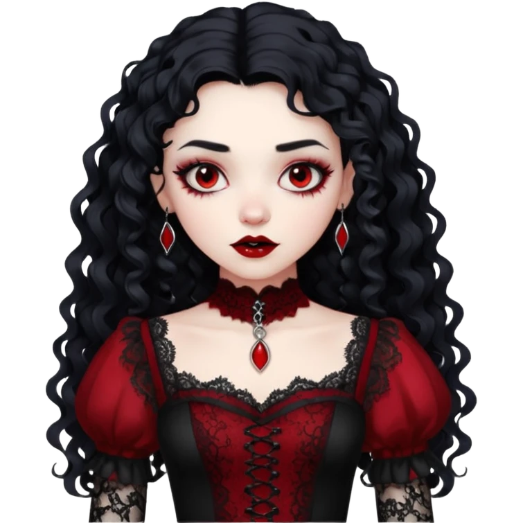 A girl with a red goth vampire look in a blck and red goth lace dress long black curly hair  emoji