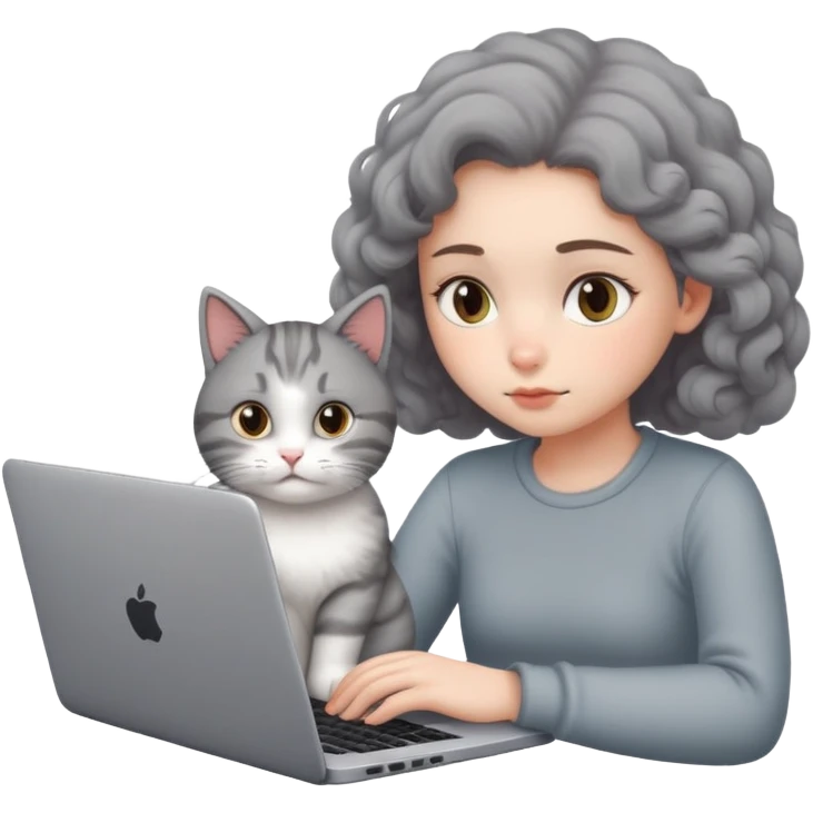 A girl is working hard on a laptop with a cat next to it emoji