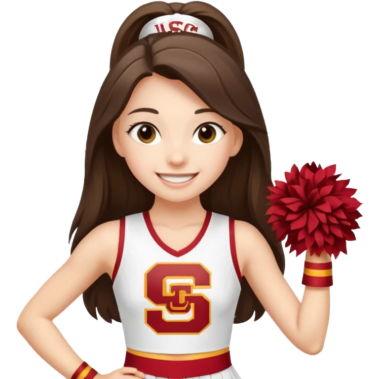 skinny white happy long haired brunette girl in a white USC cheerleader outfit with the letters USC emoji
