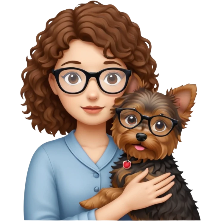 Girl with brown curly hair and glasses hugging a yorkshire terrier dog emoji