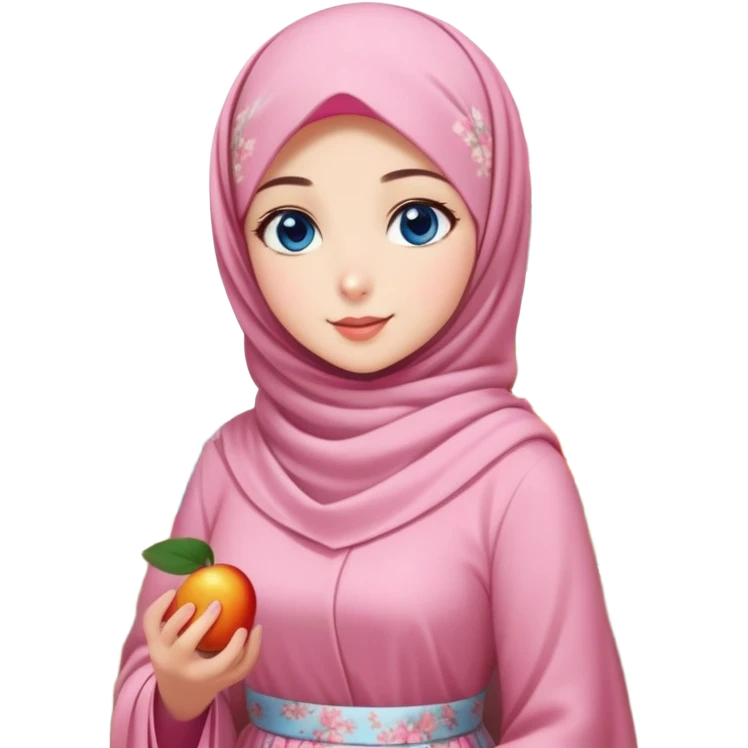 Turkish beautiful finish Konya girls blue eyes with lovely cherry blossom hijab long tail dress and the friends shopping in a market fruits emoji