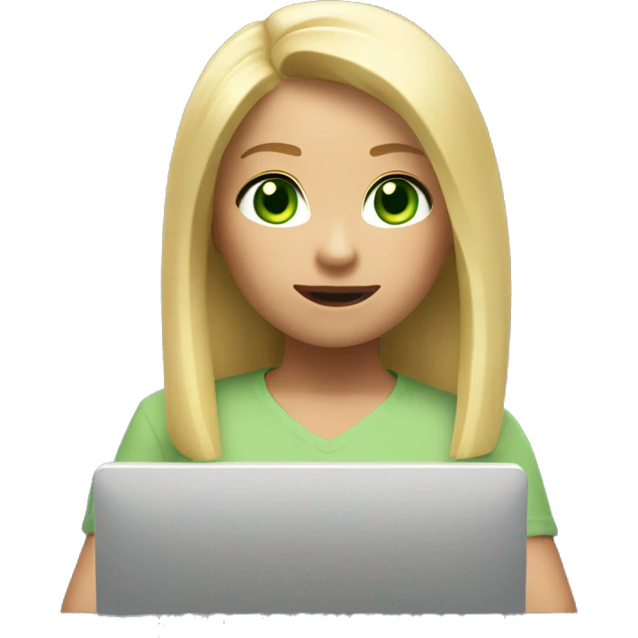 Girl with blond hair and light green eyes playing Roblox on her computer emoji