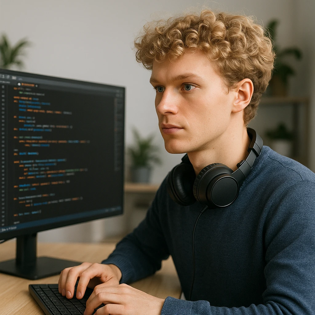 male software developer with blonde curly hair and blue eyes, coding on a large monitor, headphones around neck emoji