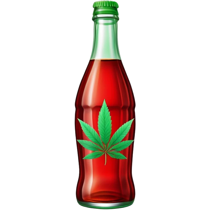 Classic Coca-Cola shaped glass bottle with curved contours, red color, with a cannabis leaf emoji