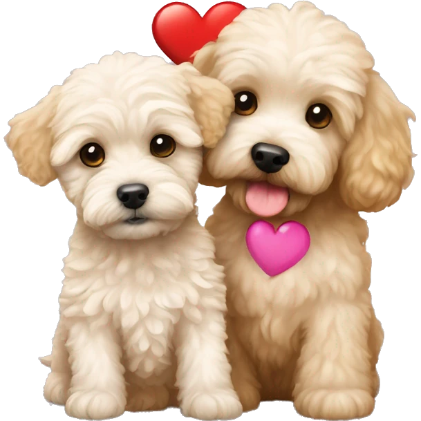 Maltipoo and a golden doodle puppy together with a heart emoji