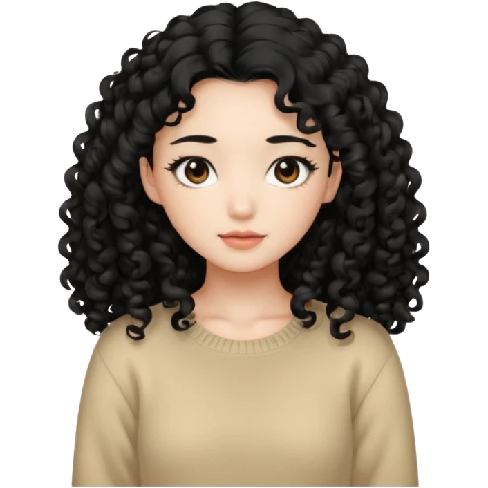 Beautiful girl,Black hair, curly long hair,Black eyes,Chinese, beige sweater  emoji