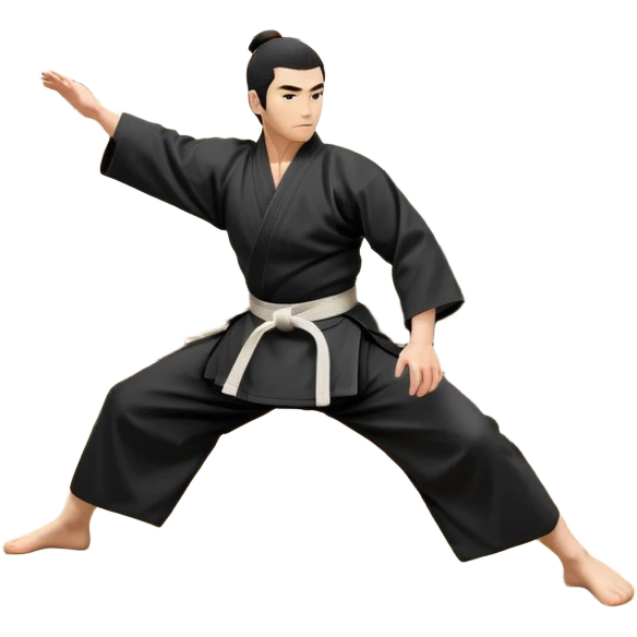 An icon depicting an aikido fighter in a black gi, executing a graceful throw in a martial arts dojo. The background features traditional wooden floors, tatami mats, and a serene atmosphere with soft lighting. The focus is on the fighter's precise technique and fluid movement. Transparent background emoji
