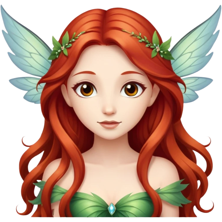 Une magnifique fée avec de belles ailes avec de très long cheveux roux et elle est élégante et des yeux marrons  emoji