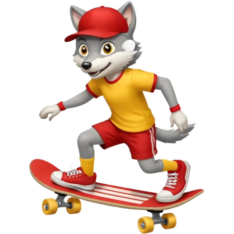 A gray wolf with large, expressive eyes and a friendly smile. The gray wolf is wearing a bright yellow T-shirt, red shorts, white knee socks, and sneakers. The baseball cap is on backwards. The wolf is preparing to perform a skateboarding trick. emoji