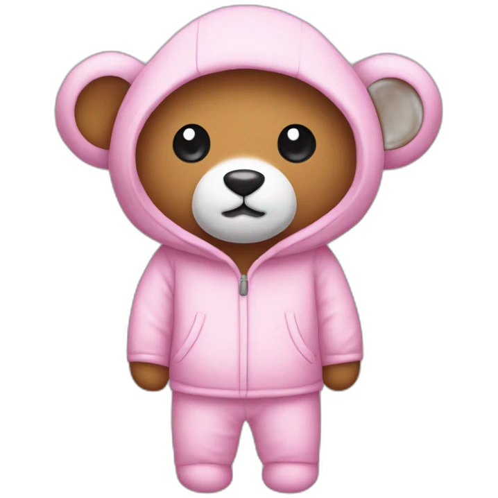 Un oso de peluche rosado con un pijama y un gorro blanco y muy delgado emoji