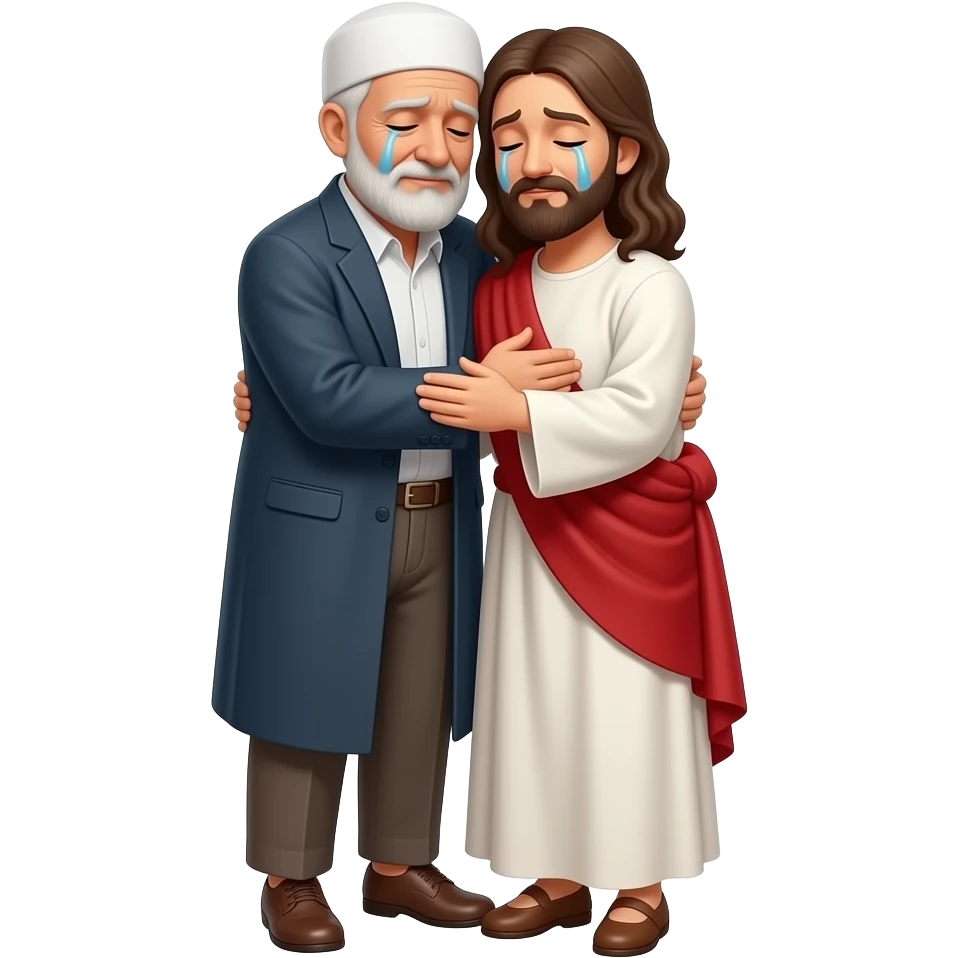 картинка во весь рост пожилой мужчина мусульманин со слезами на глазах обнимает Иисуса во весь рост emoji