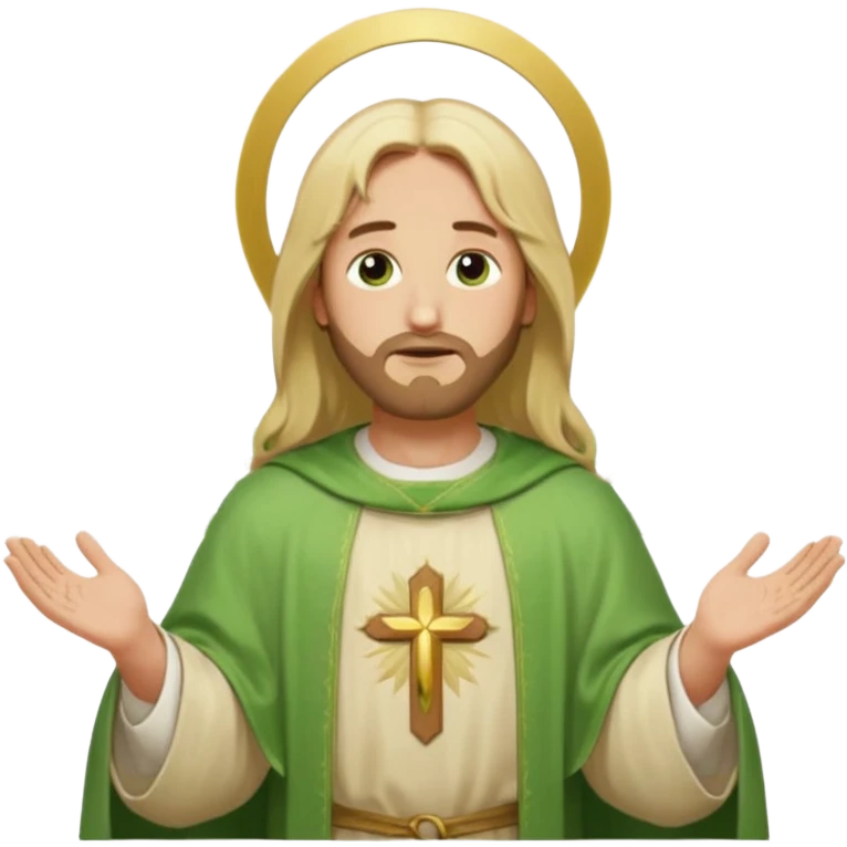 Jesus, green eyes, blonde hair, light green chasuble. opening arms, gazing thoughtfully. Soft light, subtle fern. Waist-up, profile. emoji