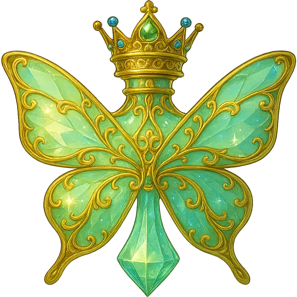 Create a bright fantasy style design of a bottle with a short neck and a princess crown on top. The bottle should have a crystal butterfly shape with golden details. The colors of the bottle should blend beautifully in a soft, crystalline gradient of light green (#c0ff53), blue, and similar shades. The background should be transparent with a nicely merging bottom and the bottle should appear to be hanging in the air without any base or shadow. emoji