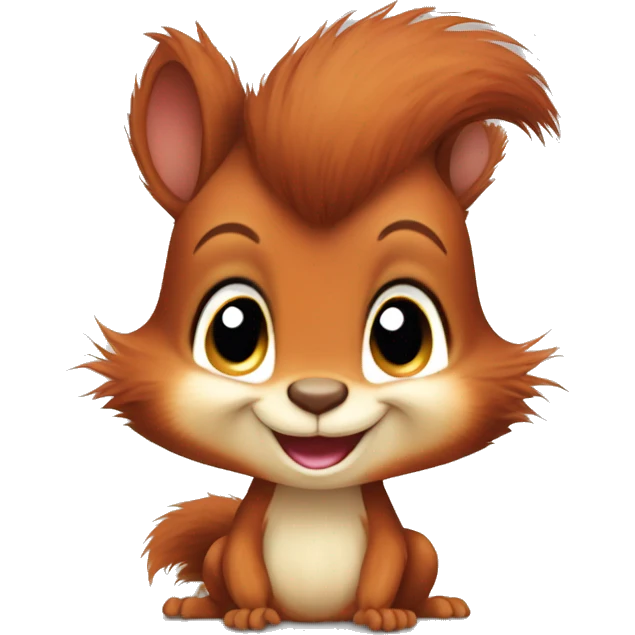 Cute baby red squirrel face smiling with bushy tail, whole squirrel emoji