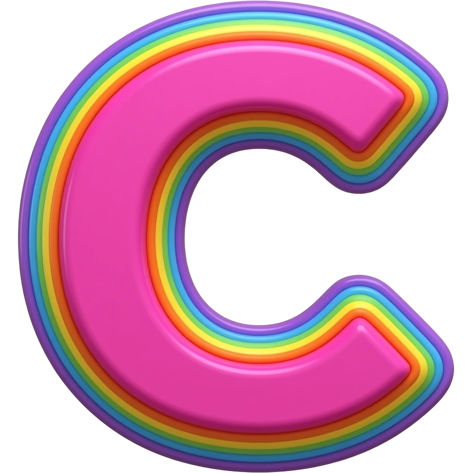Letter "C" in bright vivid hot pink, in 3d style with all colors of the rainbow as a border outlined around each letter, isolated, 3d rendering, no emoji icons no emoji faces and must have no human figures emoji