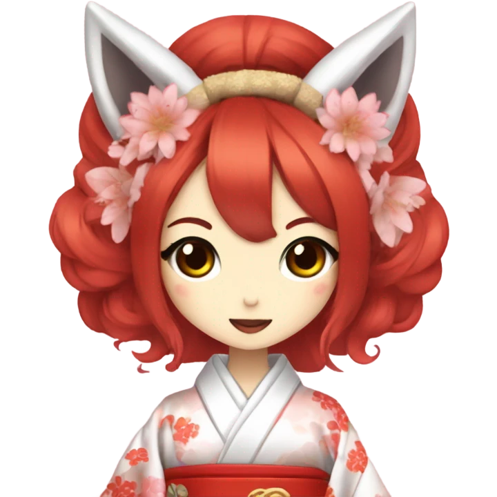 hime gyaru girl, kimono, red hair, kitsune mask emoji
