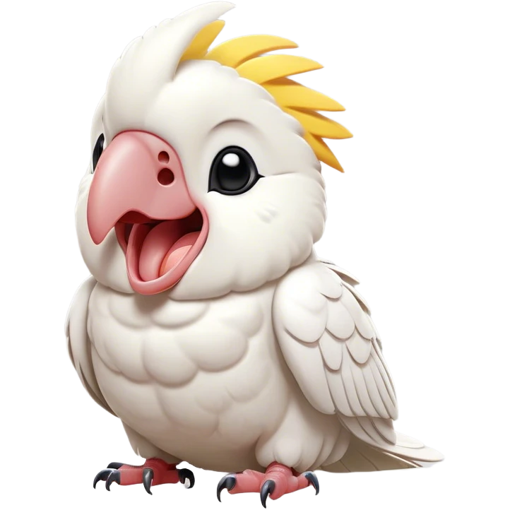Cinematic Cute Yawning Cockatoo Portrait Emoji, Head tilted slightly with a dramatic, wide-open yawn, showcasing a plump, feathered body with a softly drooping crest and sleepy, half-closed eyes, Simplified yet irresistibly adorable features, highly detailed, glowing with a soft, cozy tropical glow, high shine, relaxed yet expressive, stylized with a dash of whimsical avian charm, soft glowing outline, capturing the essence of a drowsy yet affectionate cockatoo that appears ready to stretch out and yawn its way off the screen! emoji