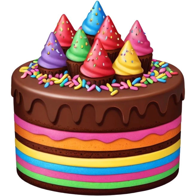 two-tiered chocolate fudge and strawberry cake, covered in rainbow decorations, looking delicious and playful emoji