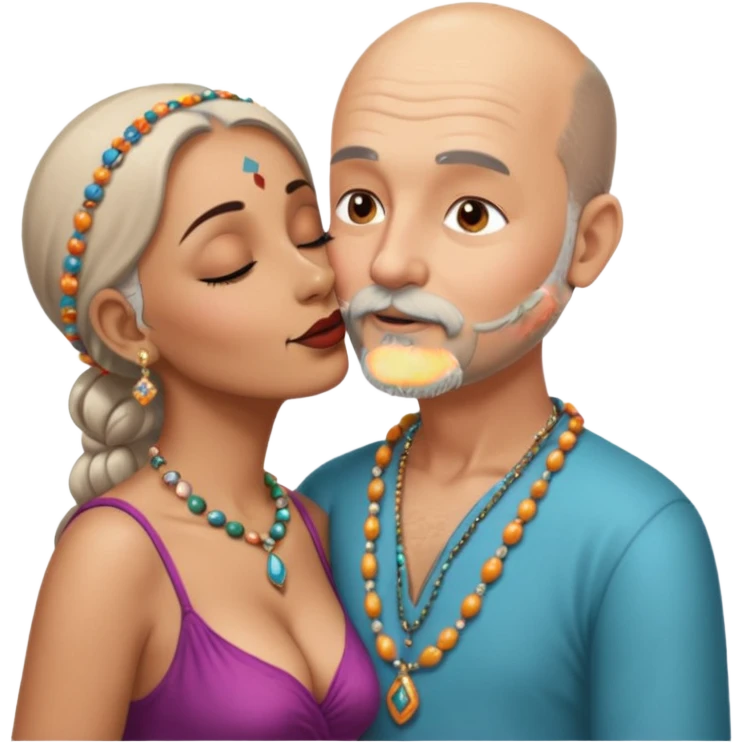 A man in his 60s balding with a grey beard passionately kissing the vagina  of an Indian woman in her 40s wearing a beads chain with here cleavage visible and embracing the man emoji