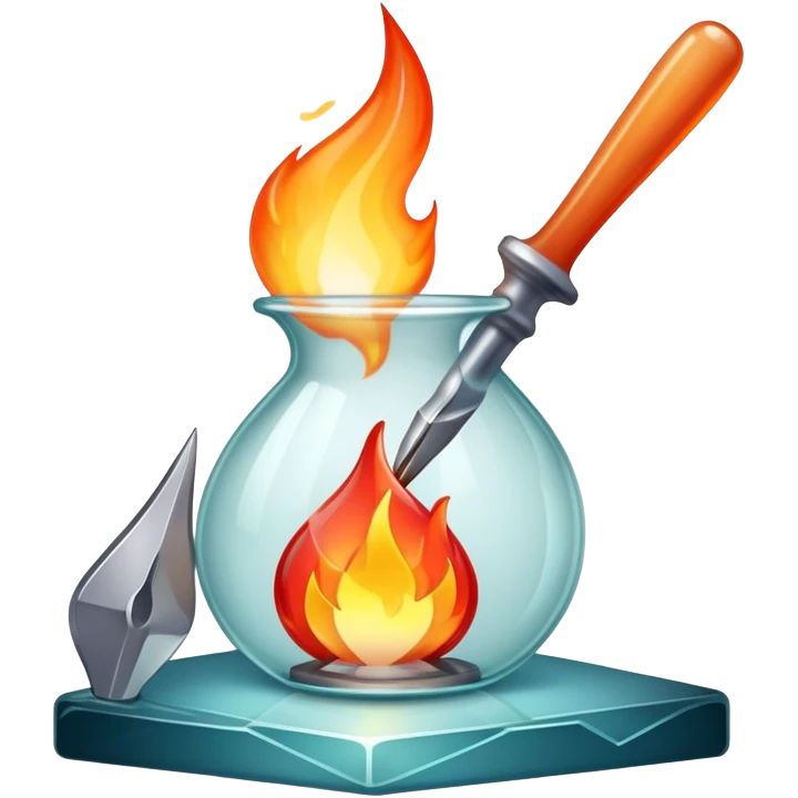Glassworking icon, piece of glass being shaped with tools, glass cutter, flame for glassblowing, smooth edges, sparkling texture, minimalistic style, clean lines, transparent background. emoji