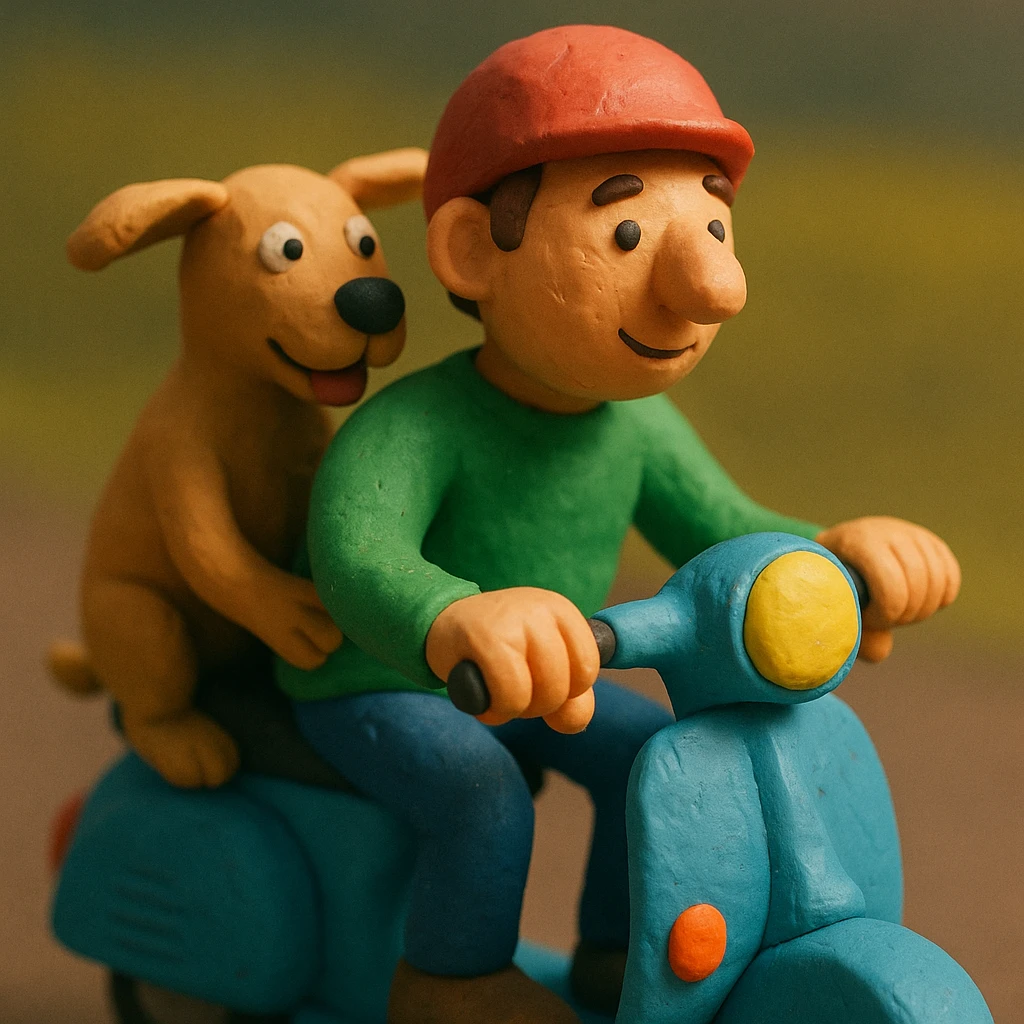 man and his pet dog riding a vespa emoji