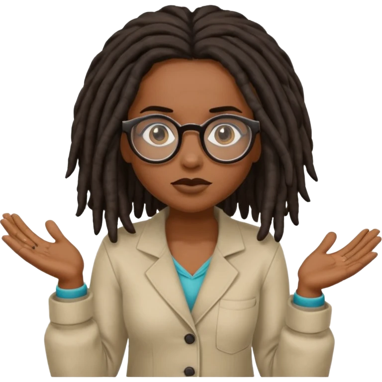 darker skin female with dark dreadlock hair wearing large round glasses shrugging her shoulders emoji