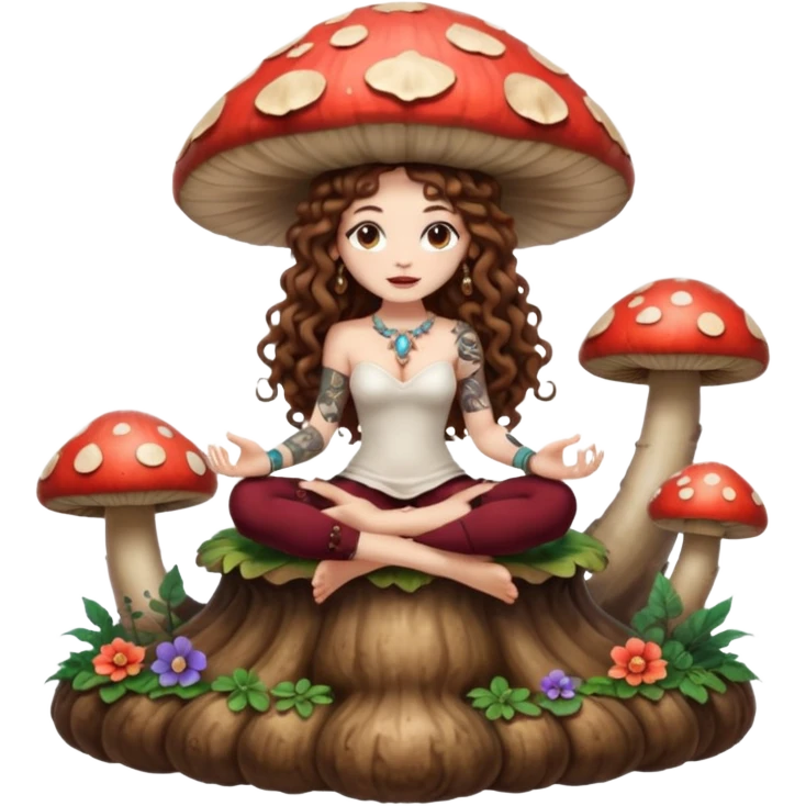 full body view of a woman with long curly brown hair, brown eyes, white skin, tattoos, sitting on a giant mushroom throne, legs crossed, mystical queen vibe emoji
